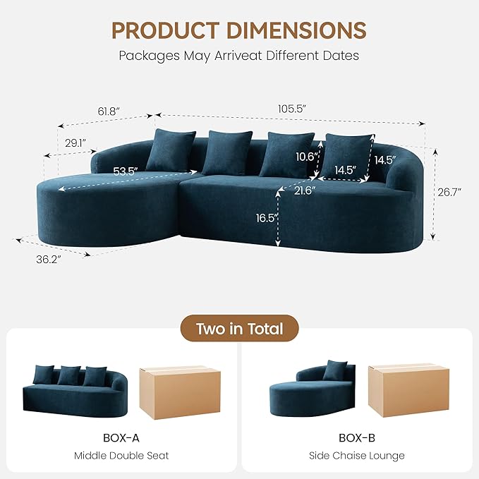 Boneless L Shaped Sofa Couch, Oversized Sectional Curved Cloud Sofa with Chaise Lounge, Chenille 4 Seats Deep Seat Couches for Living Room, No Assembly, Blue