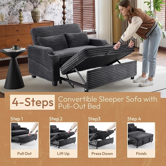 VINGLI Dark Gray Futon Sofa Bed Convertible Loveseat Sleeper Sofa Couch, Corduroy Pullout Sofa Fold Out Couch Bed with USB Ports, Cup Holders, Armrest for Living Room, Bedroom Apartment Room | Lovesest Sleeper