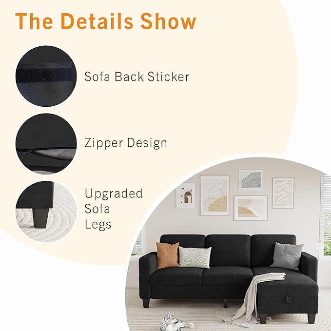 Sectional Sofa and Couches for Living Room, 78'' Black 3 Seat L-Shaped Couch with Movable Ottoman, Comfy Velvet Convertible Sectionals Sofas with Chaise for Apartment, Dorm, Small Space