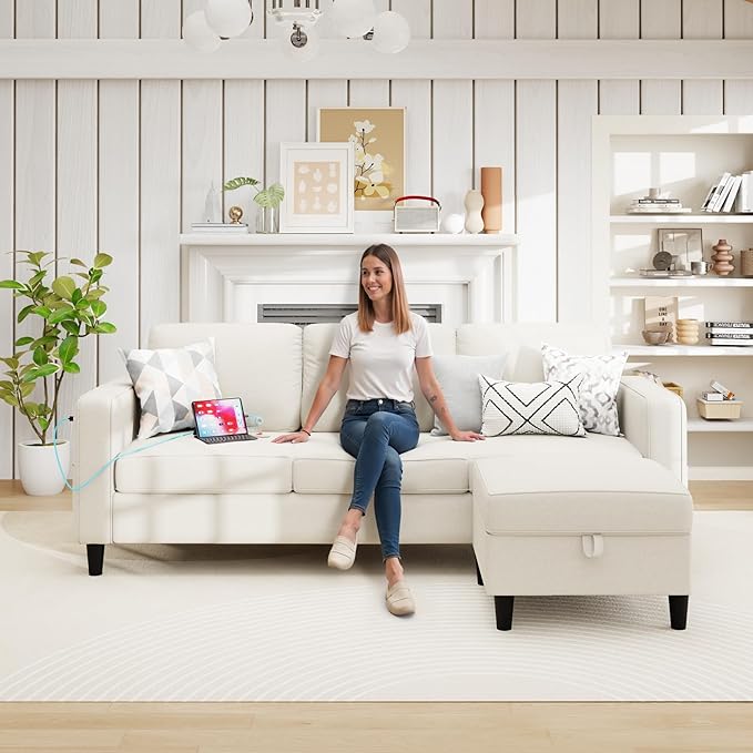 ZeeFu Sectional Sofa Coches for Living Room, 3 Seater L Shaped Couch with USB & Type-C Charg Port & Storage Ottoman, Modern Linen Living Room Furniture, Small Couch for Apartments and Office