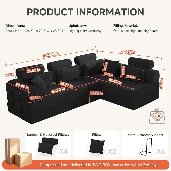 106" L-Shaped Boneless Sectional Couch, 2-Piece 70.87" Modules, Converts to 141.7" Extra-Long Straight Sofa, Corduroy Couch in a Box with Headrest & Back Pillows for Living Room,Black