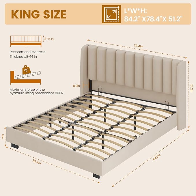 King Size Upholstered Lift Up Storage Bed Frame with 51.2" Tall Headboard, Velvet Wingback Tufted Design, Wood Slats Support, No Box Spring Required, Noise-Free Double Low Bed Frame (King,Beige)