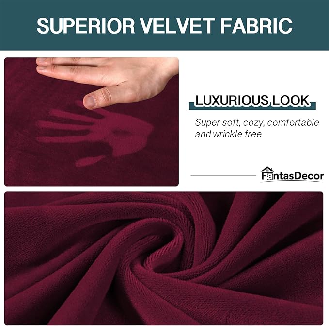 FantasDecor 2 Piece Chair Sofa Covers Velvet for Living Room Slipcovers with Individual Cushion Elastic Furniture Protector for Pets, Machine Washable (Armchair, Burgundy)