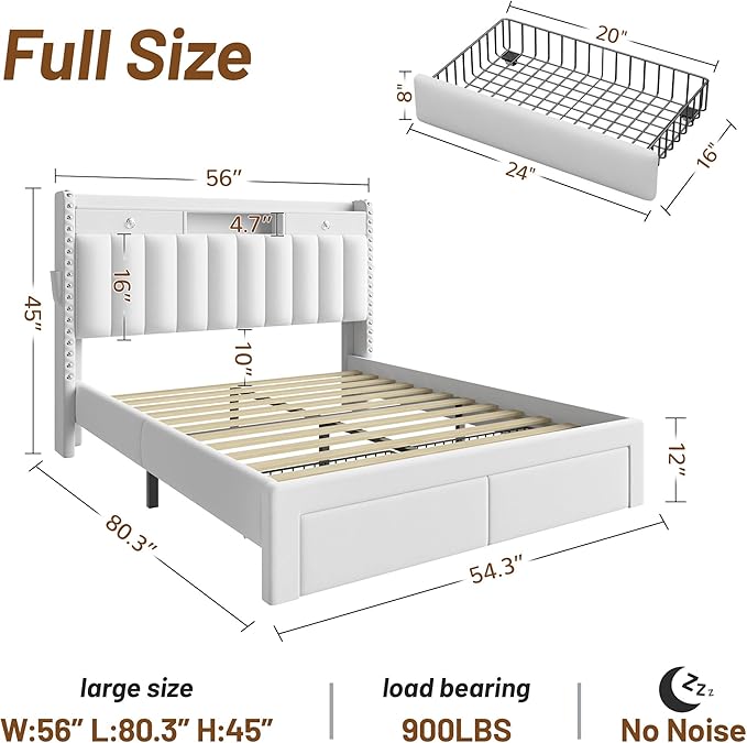 CypBed Full Size Upholstered Platform Bed Frame with Velvet & 2-Tier Storage Headboard, USB & Type-C Charging Ports, 4 Storage Drawers, Solid Wood Slats, No Box Spring Needed, No-Noise, White, Gifts