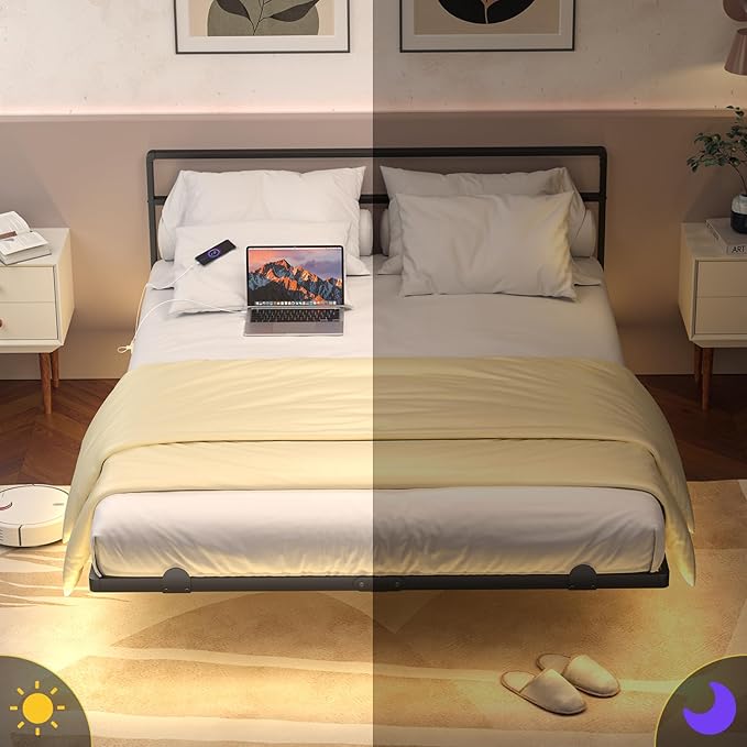 Queen Floating Bed Frame with Headboard, Modern Platform Bed Frame with LED Lights and USB Charging Station, Sturdy Metal Bed Frame for Adults, No Box Spring Needed, Easy Assembly, Noise Free Design