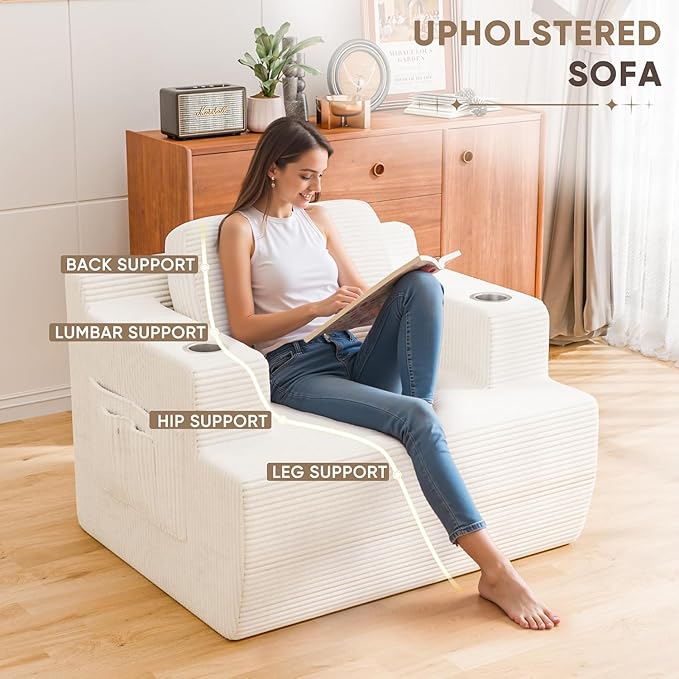 Homall 42” Single Sofa Foam Couch for Small Spaces Upholstered Floor Sofa with Cup Holder & Storage Pocket Boneless Couch for Bedroom Living Room (White, Single)