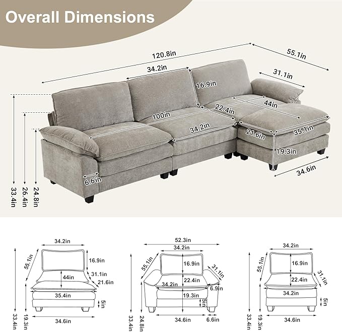 Karl home Sectional Sofa Modular Deep Seat Sofa Couch with Ottoman, Chenille Sofa Sleeper Comfy Upholstered Furniture for Living Room, Apartment, Studio, Office, (3-Seat & 1-Ottoman, Light Gray)