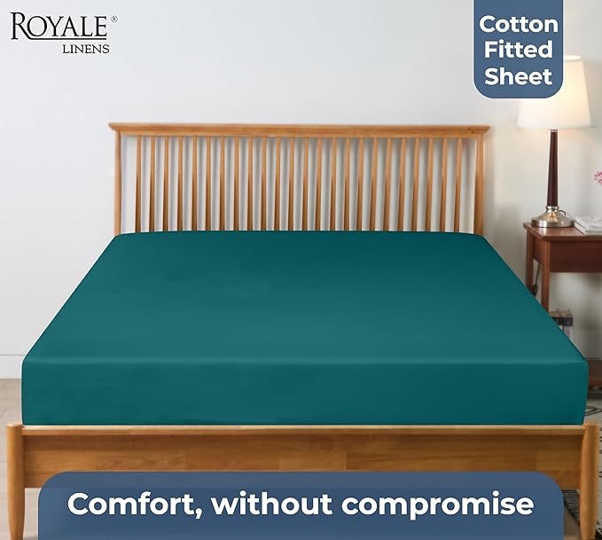Royale Linens 100% Organic Cotton Fitted Sheet - Percale Weave - Super Soft Deep Pocket Bottom Sheets - Elastic Sheet King Size - King Fitted Sheets Only - (78"x80"+15", Teal)