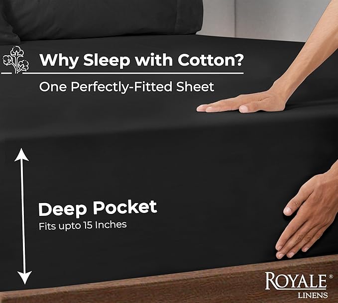 Royale Linens 100% Organic Cotton Fitted Sheet - Percale Weave - Super Soft Deep Pocket Bottom Sheets - Black Elastic Sheet King Cal Size - California King Fitted Sheets Only - (72"x84"+15", Black)