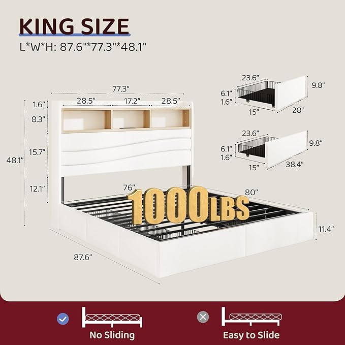 BRELTAM King Size Bed Frame with 6 Storage Drawers, Linen Upholstered Platform Bed with Charging Station,2-Tier Wave-Shaped Headboard Design,No Box Spring Needed,Easy Assembly,White