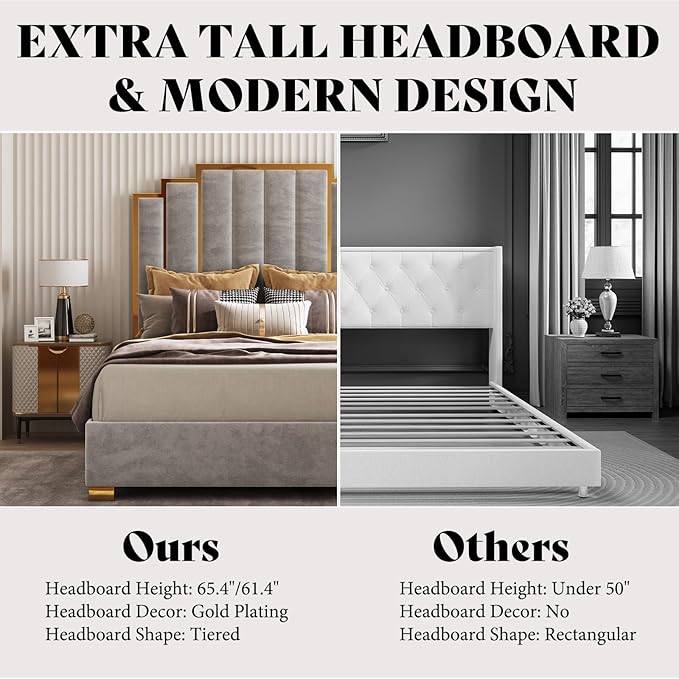 AMERLIFE Queen Size Upholstered Bed, Modern Velvet Bed Frame with 61.4” Tall Gold Trim Headboard, No Box Spring Needed, Grey