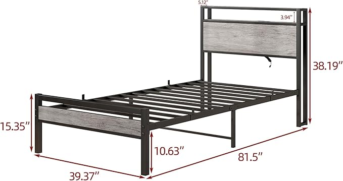BOFENG Twin Bed Frame with Wood Storage Headboard/USB Charging Station,Heavy Duty Metal Single Platform Bed Frames No Box Spring Needed,Heavy Duty Metal Slats,Noise Free,Greige