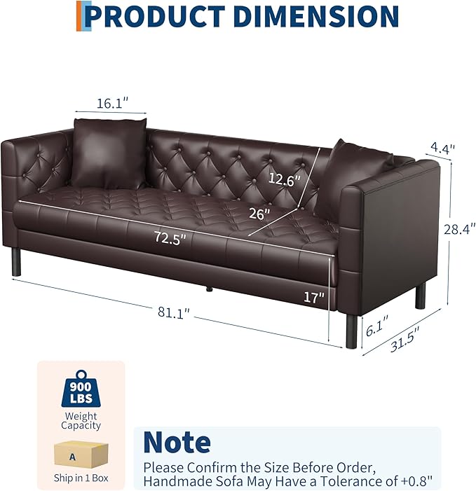 GarveeHome 81 in Leather Couch for Living Room, Modern Sofa Couch with Deep Seat and 2 Pillows, Handmade Button Tufted 3 Seater Sofa, Leather Sofa for Apartment, Office, Dark Brown