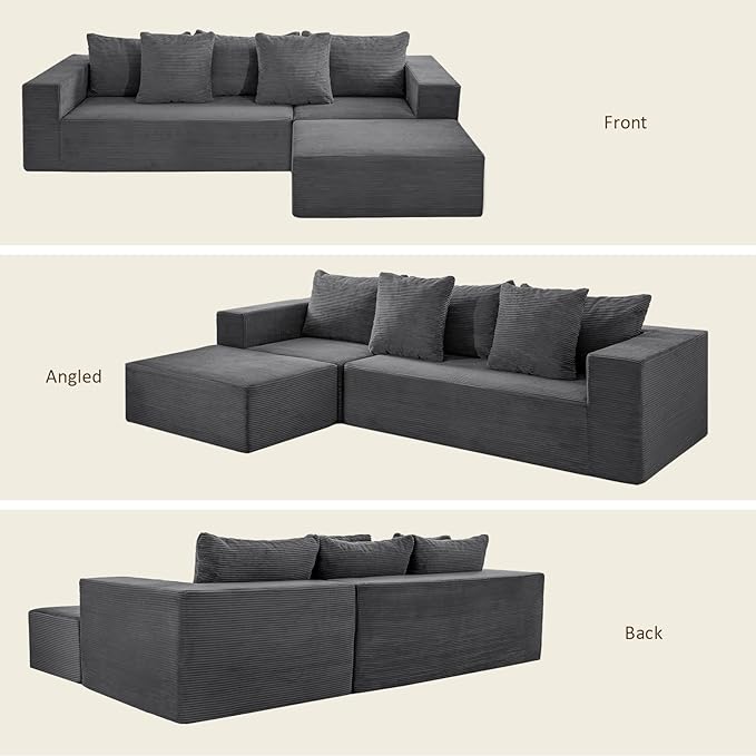 INGEROOM 108" Cloud Sectional Couch with L-Shape Chaise, Modular Sofa Memory Foam, Boneless Sofa with Movable Ottoman, Upholstered Couches for Living Room Bedroom, No Assembly Required, Dark Gray
