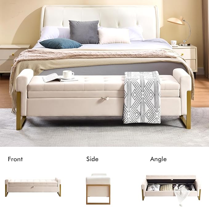 67" End of Bed Storage Bench King Size, Bench for Bedroom Foot of Bed, Upholstered Velvet Storage Ottoman with Gold Legs for Window Living Room, Beige
