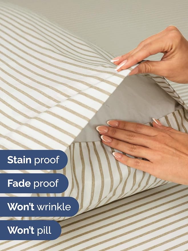 Extra Deep Twin Sheet Set - 4 Piece Breathable and Cooling Sheets - Hotel Luxury Bedding for Women, Men, Kids & Teens - Easy Secure Fit - Soft and Wrinkle Free with Extra Deep Pockets - Beige Stripes