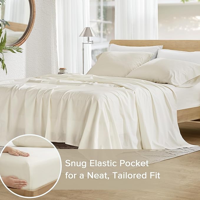 Comfort Spaces 100% Cotton Sheets Cal King, Breathable & Soft Cotton Sheets, Naturally Cool Cotton Bed Sheets with 14" Elastic Pocket Fits up to 16" Mattress, All Season Sheet Set, Ivory 4 Piece