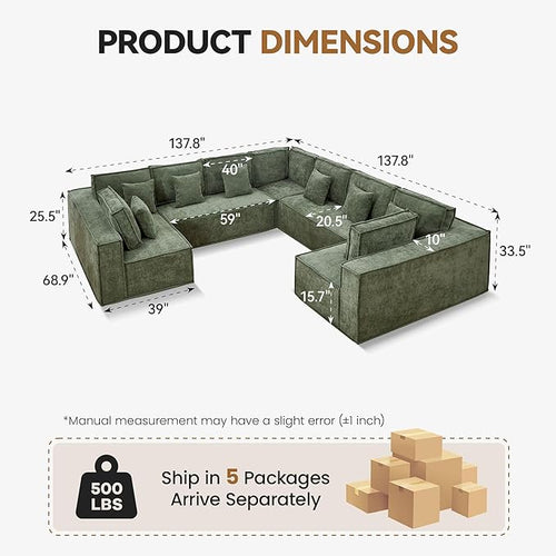 138'' Boneless Chenille U Shaped Couch, Oversized Modular Sectional 9 Seater Sofa, Modern Deep Seat Corner Cloud Compressed Couch, No Assembly Sleeper Sofa with Chaise for Living Room, Green