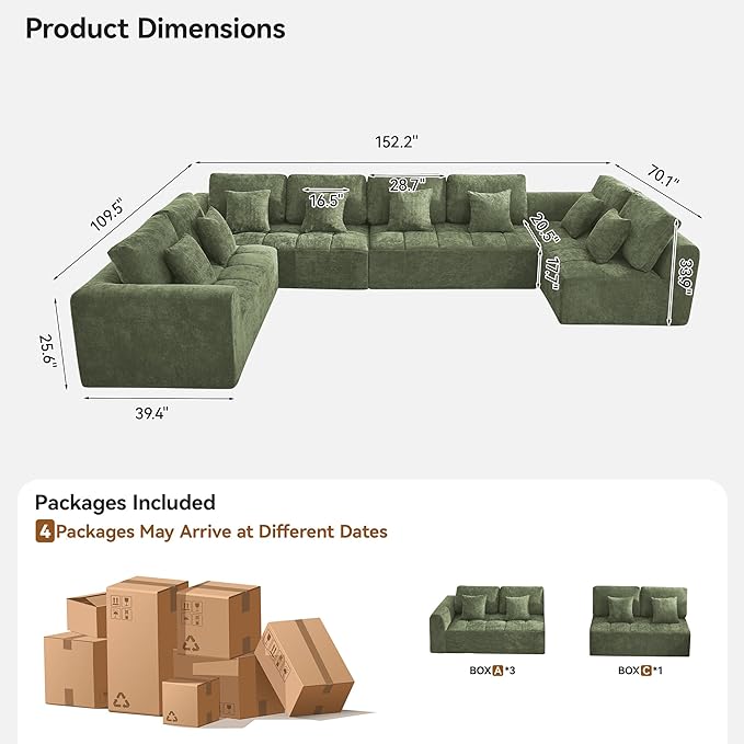 170''Modular Sectional Couches for Living Room, Cloud Boneless Compressed Sectional Sofa, Oversized U Shaped 8 Seater Upholstered Memory Foam Sofa, No Assembly, Chenille Green