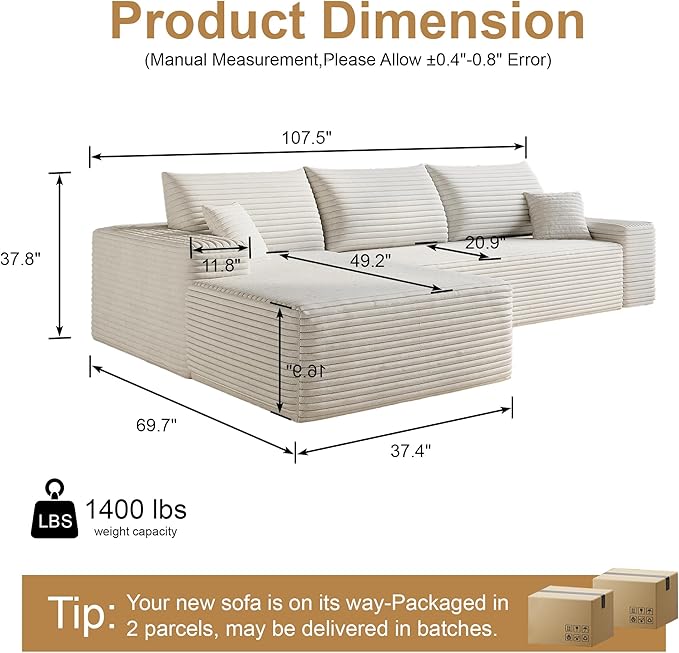 108" Sectional Couches for Living Room Cloud Couch Sofa with L-Shape Upholstered Boneless Couchs Modern Modular Sectional Couch with Chaise (White, 108" Left Facing Chaise+2Seaters)