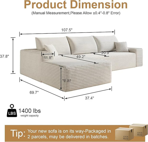 108" Sectional Couches for Living Room Cloud Couch Sofa with L-Shape Upholstered Boneless Couchs Modern Modular Sectional Couch with Chaise (White, 108" Left Facing Chaise+2Seaters)