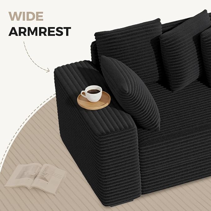 111'' Modular Sectional Cloud Couches with Chaise, L Shaped Extra Large Sleeper Couch Reversible Fluffy Corduroy with 8pcs Pillows for Living Room(Black Right Facing Chaise)