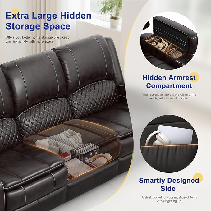 Recliner Sofa 3 Seater Sofa with Recliner, Home Theater Seating with Liftable Console & Removable Armrest, Manual PU Leather Reclining Couch with Cup Holders & USB Ports for Living Room/RV (PU,Brown)