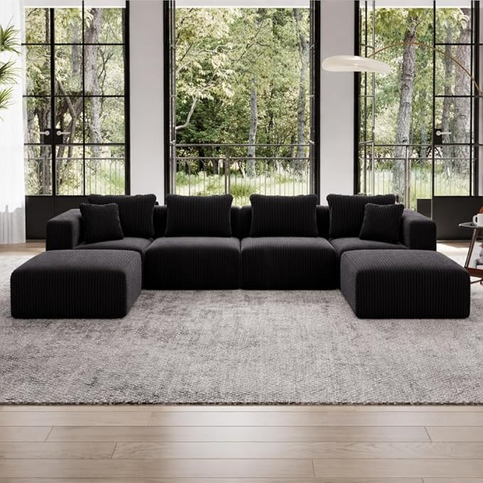 Avenco 141” U-Shaped Modular Sectional with 2 Ottomans, Individually Wrapped Coil Support & Corduroy Fabric, Zero Assembly 6-Piece Set for Spacious Living Room, Black
