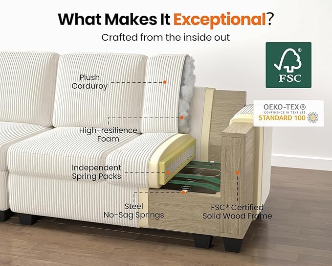 CHIC HOUSE Modular Sectional Sofa with Storage Ottomans, Corduroy Cloud Couch for Small Spaces & Apartments, Reconfigurable L/U Shaped Convertible Corner Sofa, Beige, 5 Seater Sectional