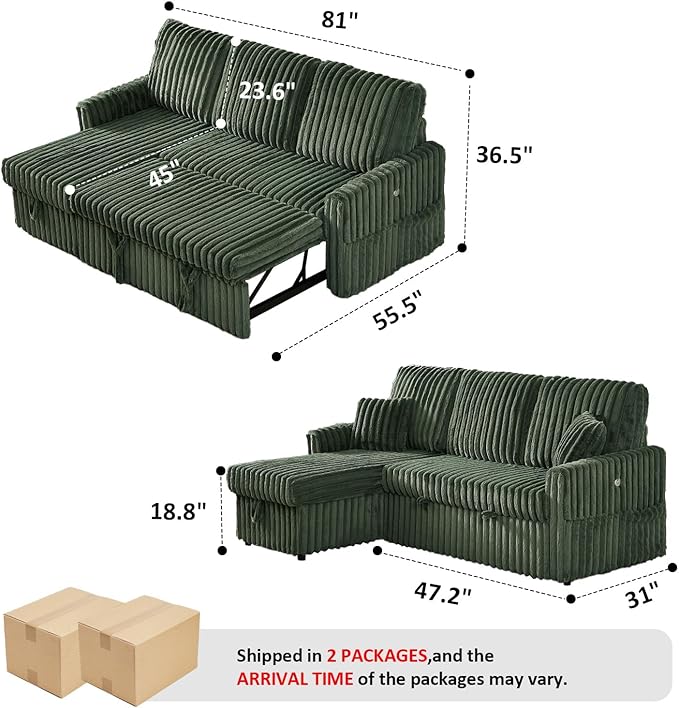 Sleeper Sofa Bed, 81” Pull Out Couch Bed with Reversible Storage Chaise, 3 in 1 L-Shaped Couch with Charging Station, Cup Holder, Side Pocket, Plush Corduroy Couches for Living Room(Green)