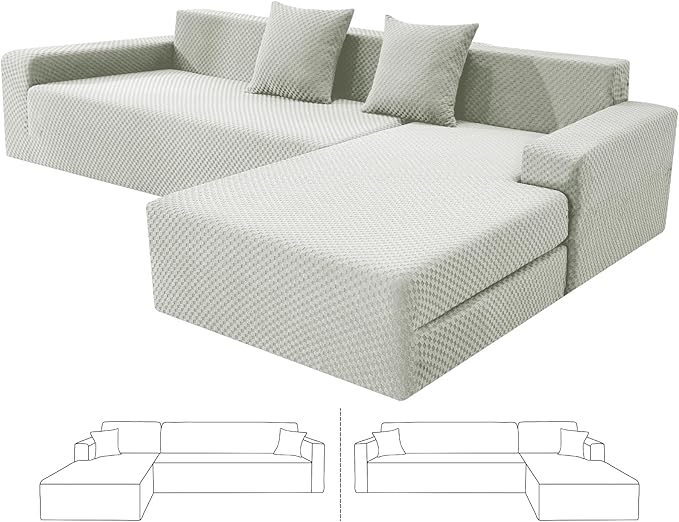 ZNSAYOTX Sectional Couch Covers, Stretch Jacquard Slipcovers with Elastic Bottom for L-Shape Sectional Sofa, 2 Pcs Pet Friendly Modular Sofa Protector (3 Seat Couch + 2 Seat Chaise, Ivory)