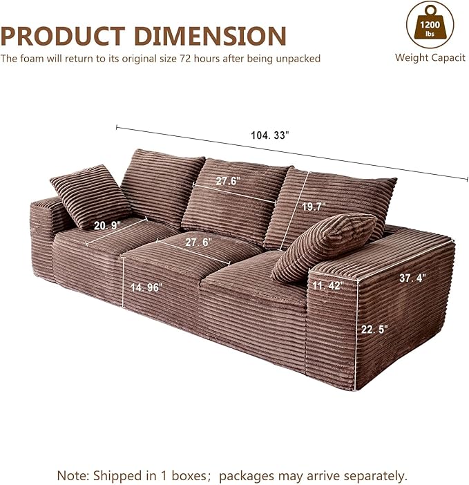 104.3“ Modular Sectional Cloud Couch, Boneless Couches for Living Room, 3 Seater Modern Lounge Couch, No Assembly Required, Brown