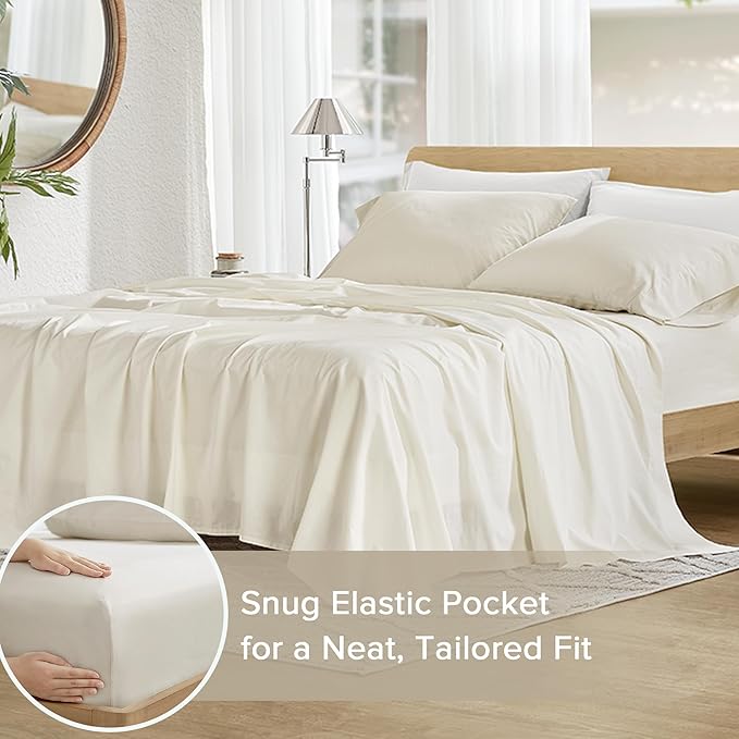 Comfort Spaces 100% Cotton Sheets Twin, Breathable, Soft Cotton Sheets, Naturally Cool Cotton Bed Sheets with 12" Elastic Pocket Fits up to 14" Mattress, All Season Sheet Set, Twin Ivory 3 Piece