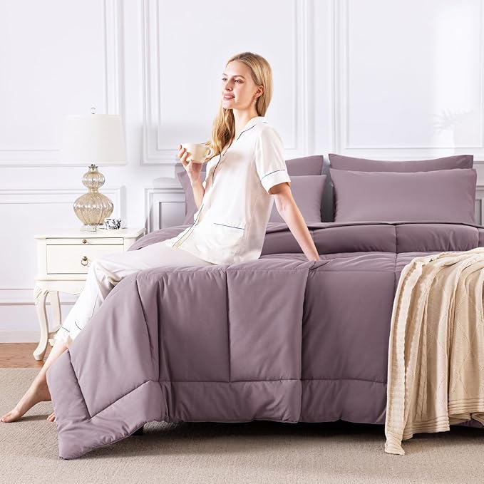 CozyLux Queen Comforter Set Dusty Purple, 7 Pieces Bed in a Bag, Grayish Purple Comforters Queen Size, Bedding Set with All Season Quilted Comforter, Flat Sheet, Fitted Sheet, Pillowcases