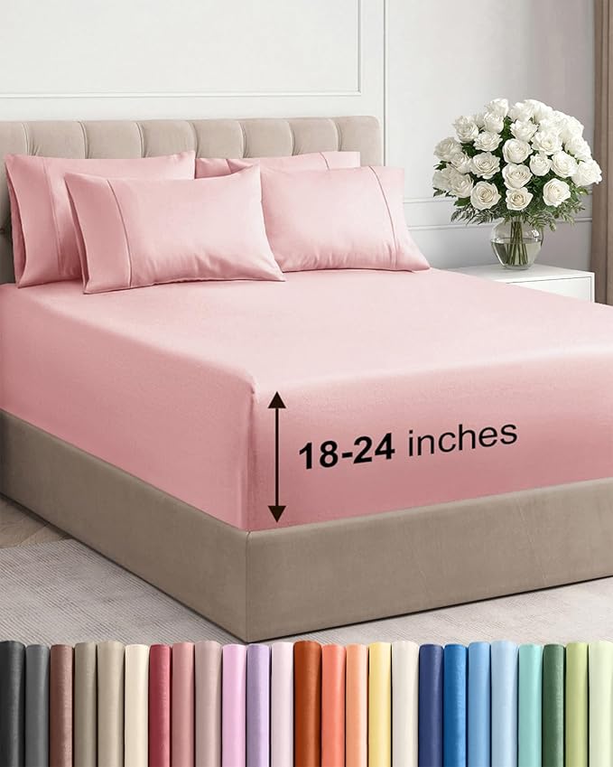Extra Deep Cal King Sheet Set - 6 Piece Breathable and Cooling Sheets - Hotel Luxury Bedding for Women, Men, Kids & Teens - Easy & Secure Fit - Soft and Wrinkle Free - Extra Deep Pockets - Baby Pink