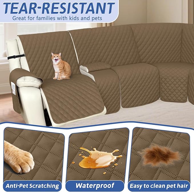 Arfntevss Recliner Sectional Couch Covers 1OO% Waterproof L Shape Sofa Cover for Reclining L Shaped Sectional Slipcover Dog Washable Corner Non Slip Protector (5 Seater with 1 Console, Tan)