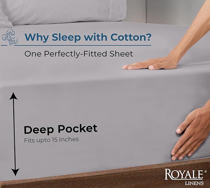 Royale Linens 100% Organic Cotton Fitted Sheet - Percale Weave - Super Soft Deep Pocket Bottom Sheets - Elastic Sheet Queen Size - Queen Fitted Sheets Only - (60"x80"+15", Silver)