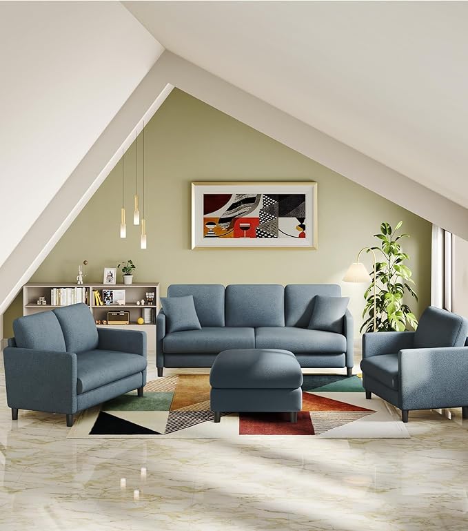 83" Couches for Living Room, Comfy Sofas for Living Room with Storage Ottoman, Teddy Sofa Couch, Tool-Free Loveseat Sofa, All-Wood Love Seat Couches, L Shaped Couch 2 Pillow Include, Blue Grey