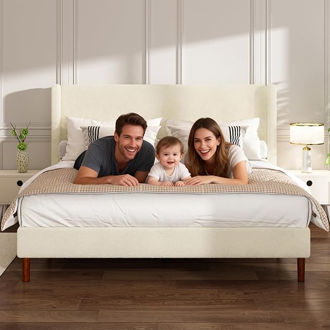 Queen Boucle Bed Frame, Platform Bed with Upholstered Wingback Headboard, Strong Wooden Slats Support, Noise-Free, Easy Assembly, No Box Spring Needed, Beige