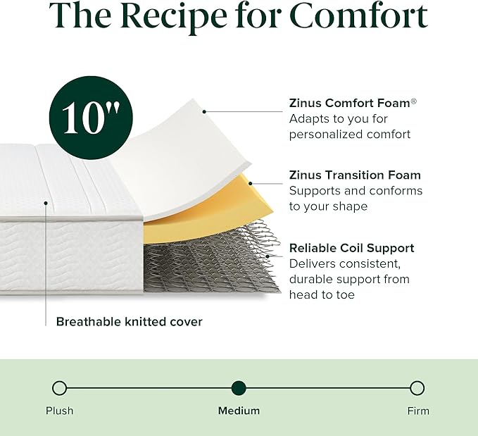 Zinus 10 Inch Foam and Spring Hybrid Mattress [New Version], Queen, Fiberglass Free, Medium Firmness, Durable Support, Certified Safe Foams & Fabric, Mattress in A Box