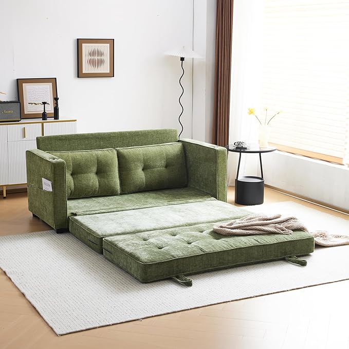 VINGLI Sofa Bed Full Size Pull Out Couch Bed Olive Green Futon Couch 64" W 84" L Loveseat Sleeper Floor Couches for Living Room Convertible Loveseat Sofa Foldable Sofa Bed