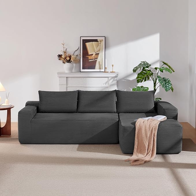 97" Cloud Sectional Couch,Modern Modular Sectional Sofa with Deep Seat,Corduroy Boneless Couches with L-Shape Chaise for Living Room Bedroom,No Assembly Required (Grey, 97" Right Facing Chaise)