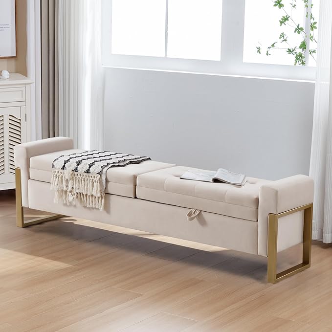 67" Storage Bench for Bedroom End of Bed, Velvet King Size Bed Bench with Double Lids and Gold Legs, Storage Ottoman Bench with Arms for Living Room Window and Entryway, Beige