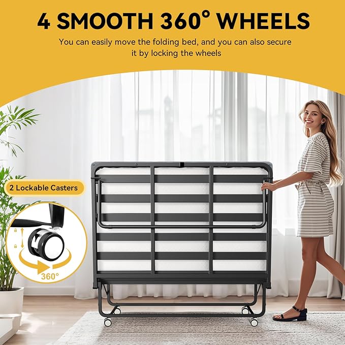 75" x 46" Folding Bed with Mattress for Adults, 5 Inch Memory Foam Mattress, Portable Foldable Rollaway Guest with Strong Metal & Wood Frame, Side Pocket