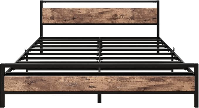 BOFENG Black King Size Bed Frame with Wood Headboard,Industrial Metal Platform Bed Frame King Size with Storage No Box Spring Needed,Strong Steel Slats Support,Easy Assembly,Vintage Brown