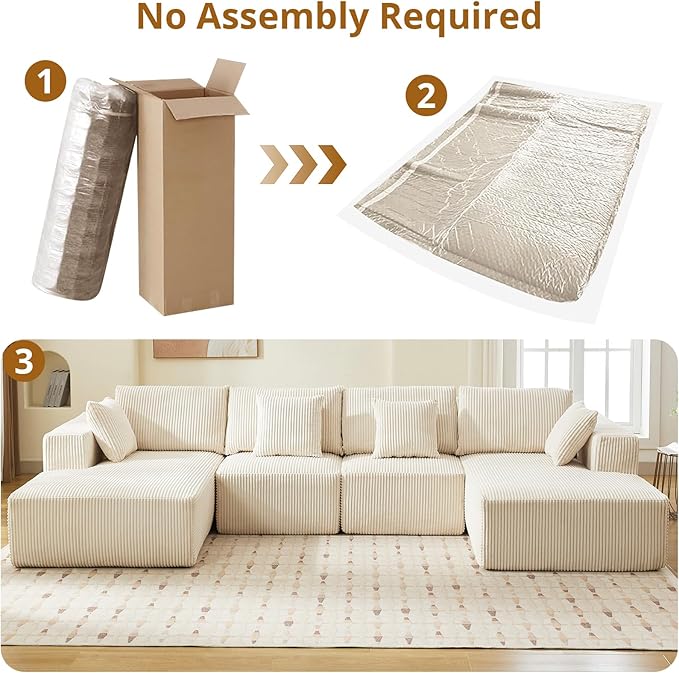 Sectional Cloud Boneless Couch 137" Modern Comfy U-Shaped No Assembly Required Convertible Compression Sleeper Modular Sofa with Corduroy Fabric Deep Seat Single + Chaise for Living Room