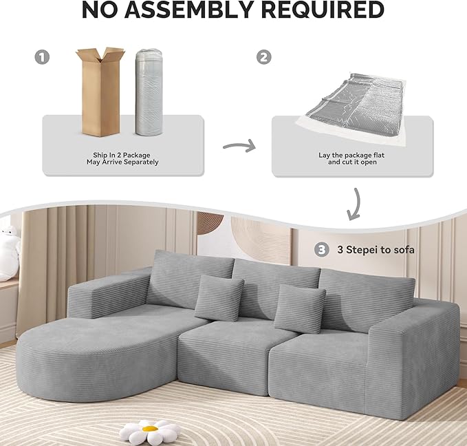 Boneless Couches for Living Room,Cloud Sectional Couch with L-Shape Chaise,Modern Modular Sofa with Deep Seat Upholstered Comfy Couches for Bedroom,No Assembly Required,1PCS