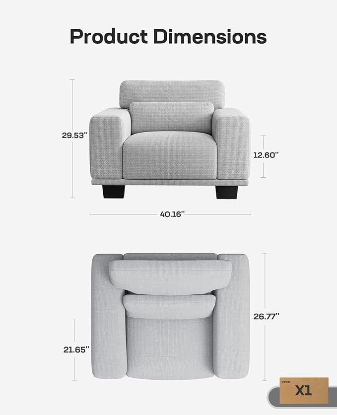 Marsail Single Seater Couch, 40 Inch Sofa with Wide Armrests & Deep Cushions, Modern Linen Fabric Sofas for Living Room, Comfy Upholstered Couch with Removable Washable Covers, Light Grey