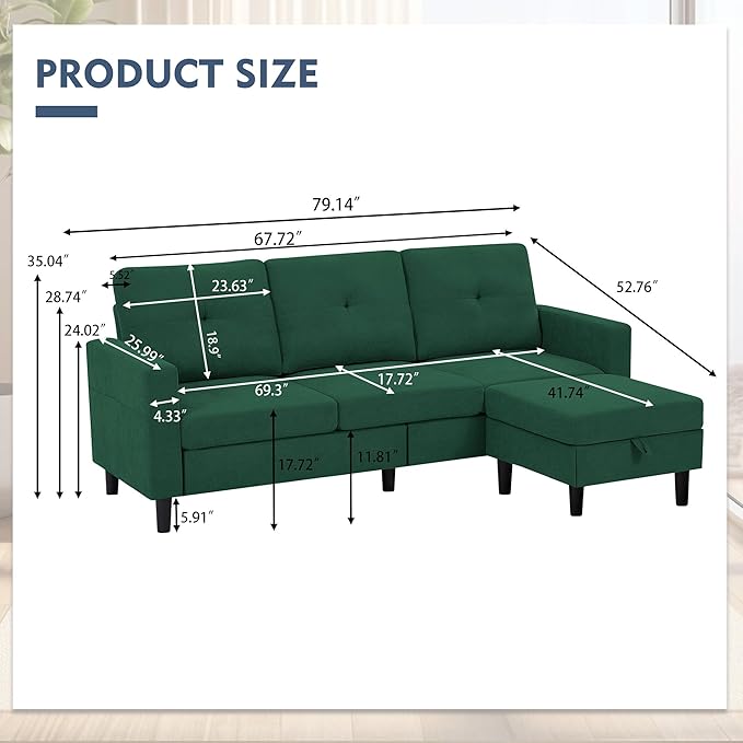 79" Convertible Sectional Sofa, Small L Shaped 3 Seat Couch with Storage Chaise and Side Pocket, Modern Linen Fabric Reversible Sofa Couches for Living Room, Apartment and Small Space