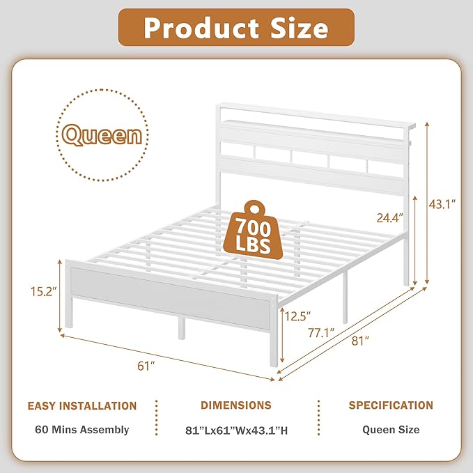 Furnulem Queen Bed Frame with Storage Headboard and LED Lights, Metal Bedframe with Charging Station and USB Port, Queen Size Platform Bed with Heavy Duty Slats, No Box Spring Needed, White